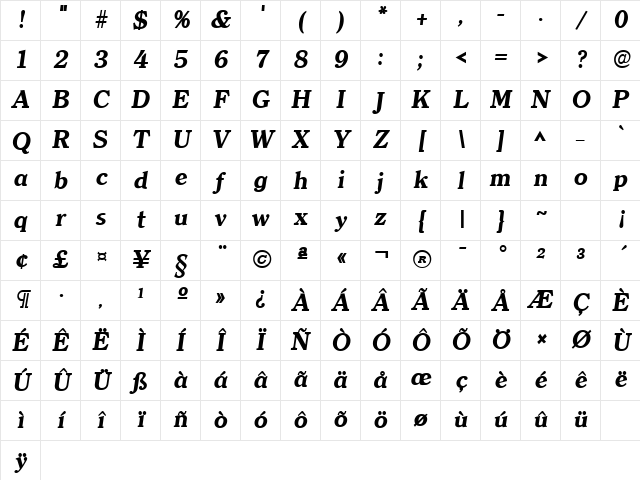 ClearfaceLH Bold Italic Character Map