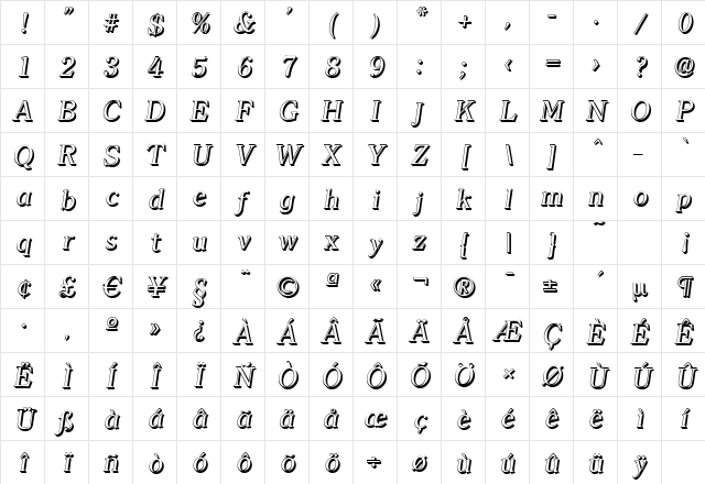 ClearfaceShadow Italic Character Map