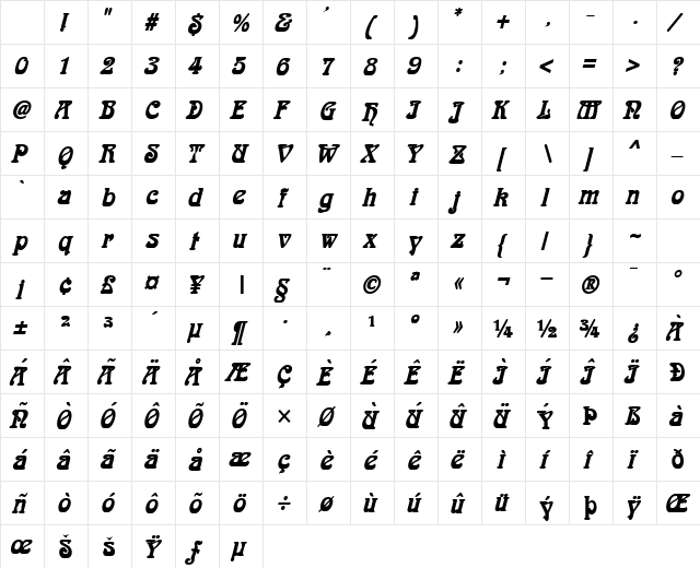 Aidan Thin BoldItalic Character Map Aidan Thin BoldItalic Character Map