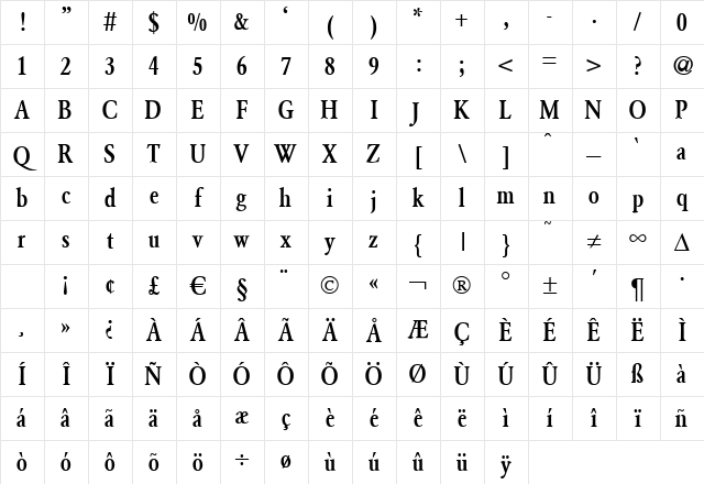 ClassicGaramondCond Bold Character Map