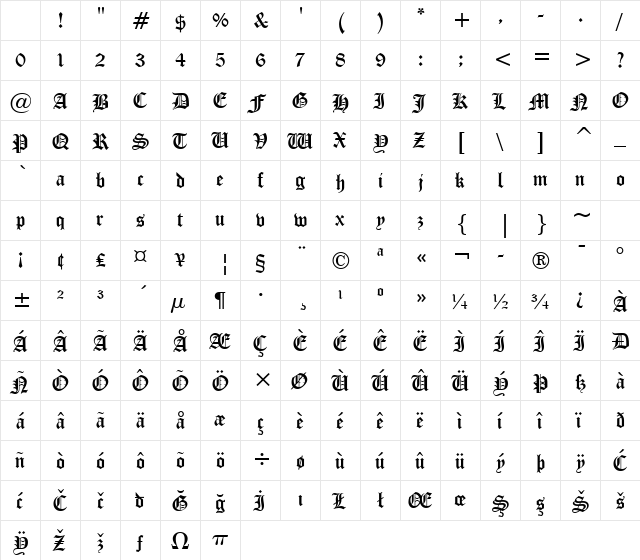 CloisterBlack BT Regular Character Map