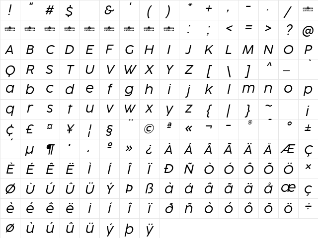 Cocogoose ProTrial Light Italic Character Map