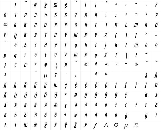 LTMethod Light BoldOblique Character Map