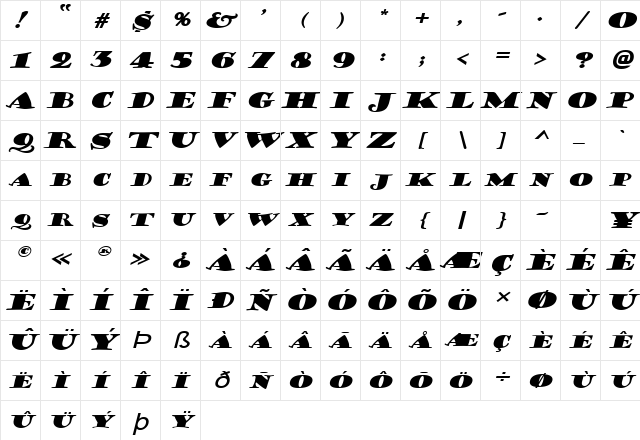 CoffeeSackExtended Italic Character Map