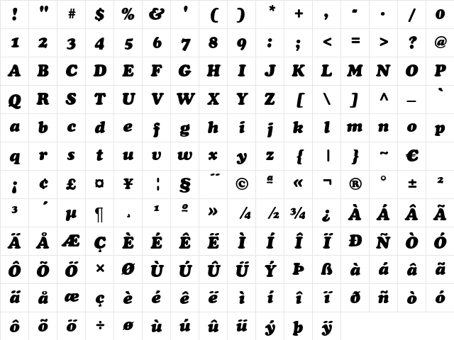 ColdBlackDB Italic Character Map