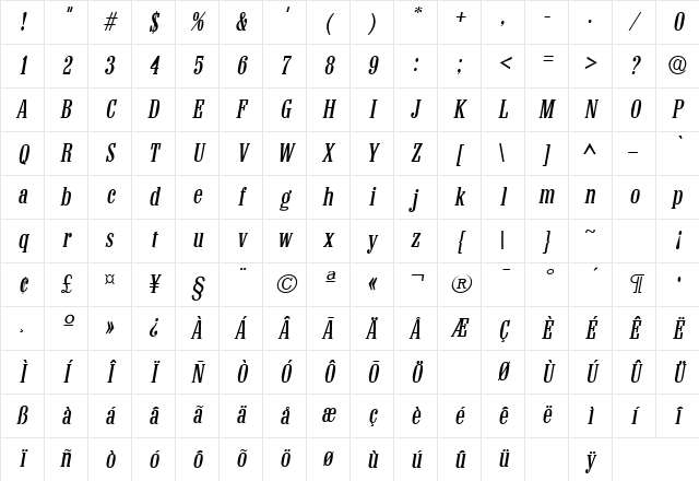 Colonial SF Italic Character Map