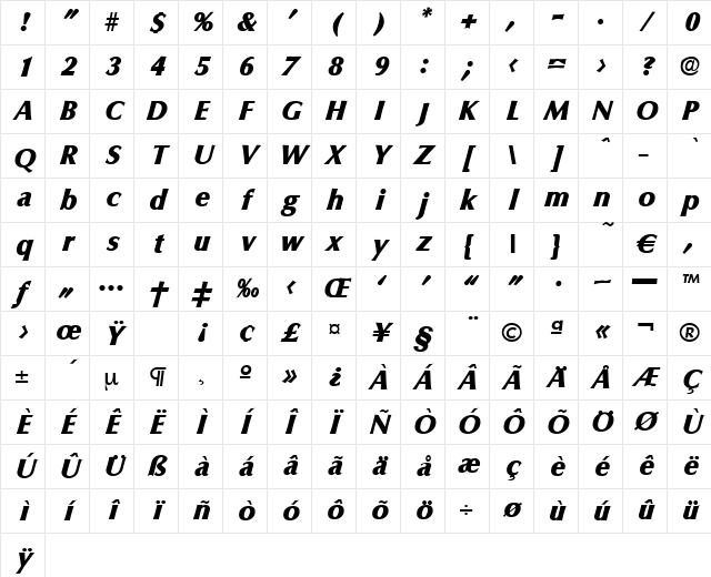 Columbia-ExtraBoldIta Regular Character Map