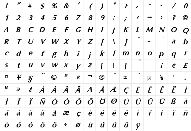 Columbia-Serial BoldItalic Character Map