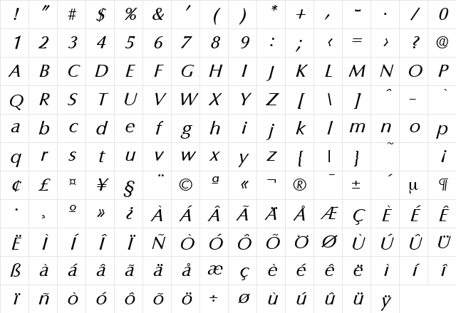 Columbia-Serial RegularItalic Character Map