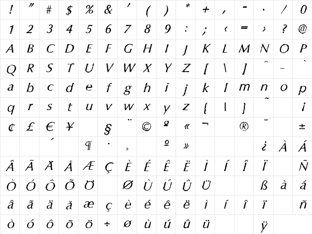ColumbiaAntique Italic Character Map ColumbiaAntique Italic Character Map