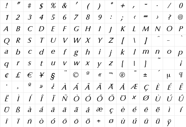 ColumbiaSerial Italic Character Map ColumbiaSerial Italic Character Map