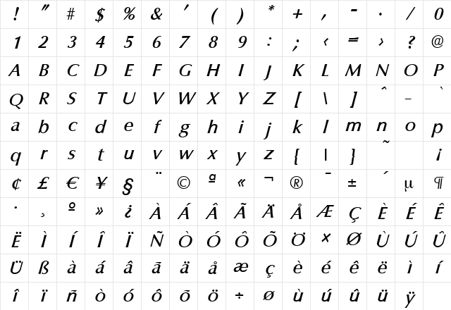 ColumbiaSerial-Medium Italic Character Map ColumbiaSerial-Medium Italic Character Map