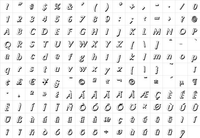 ColumbiaShadow BoldItalic Character Map