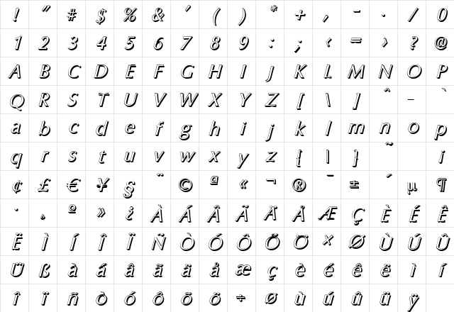 ColumbiaShadow Italic Character Map ColumbiaShadow Italic Character Map