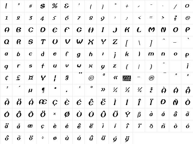 Columbo Italic Character Map