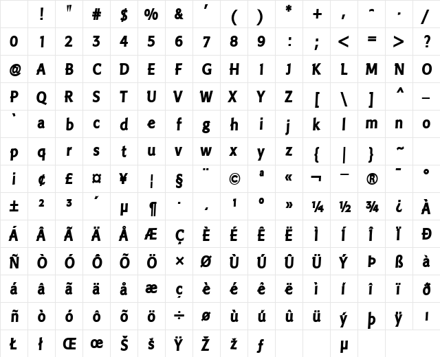 LTPisa Headline Regular Character Map