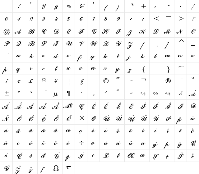 CommercialScript Regular Character Map CommercialScript Regular Character Map