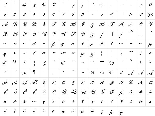 CommercialScriptBT Regular Character Map CommercialScriptBT Regular Character Map