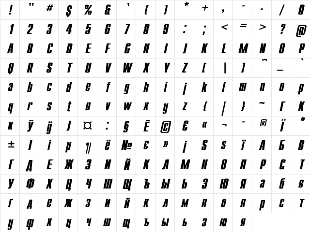 Compact Bold Italic Character Map