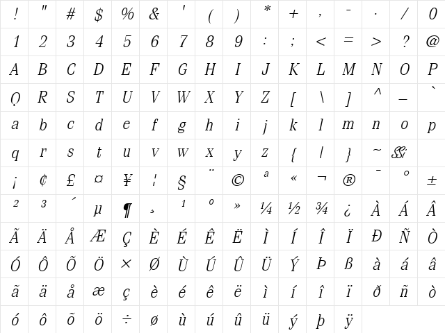 Compendium Light SSi Light Italic Character Map