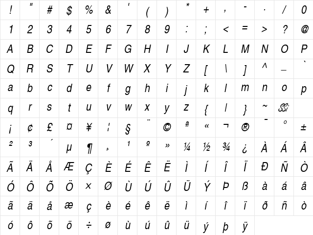 Context Extra Condensed SSi Extra Condensed Italic Character Map