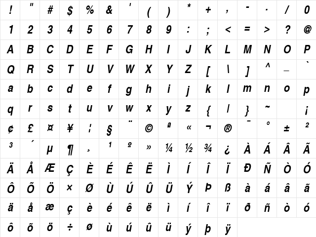 Context Extra Condensed SSi Bold Extra Condensed Italic Character Map