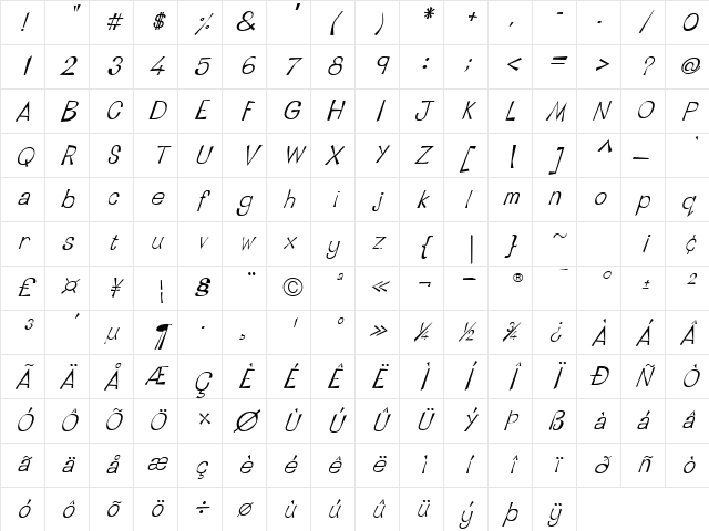 LTTapeside Regular Oblique Character Map