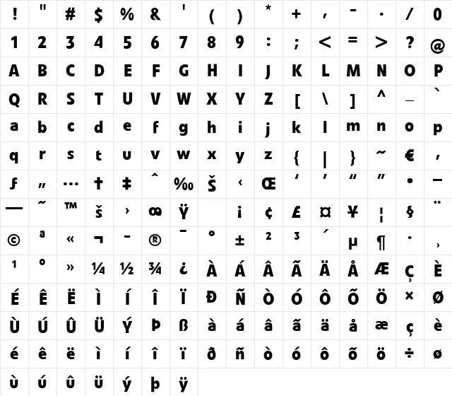 LTVeto Regular Bold Character Map