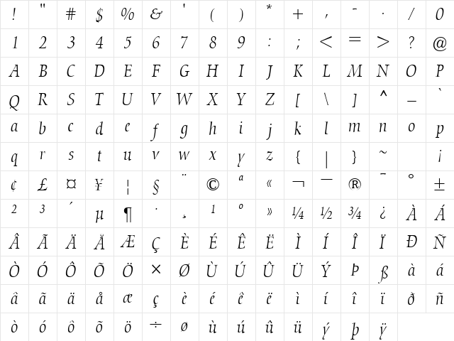 ConquistaLightSSK Italic Character Map