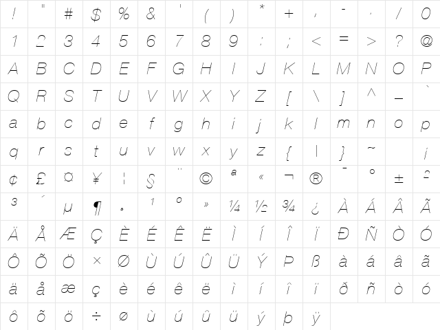 Context Reprise Light SSi Extra Light Italic Character Map
