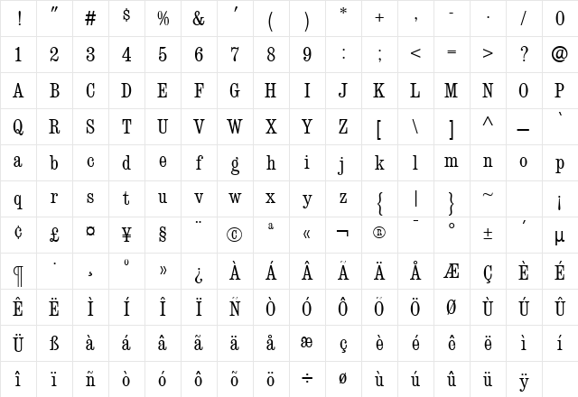 ConsortLightCondensed Regular Character Map