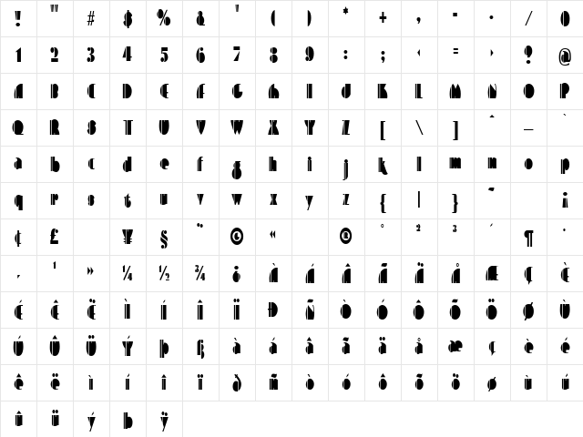 ContemporaryCondensed Regular Character Map