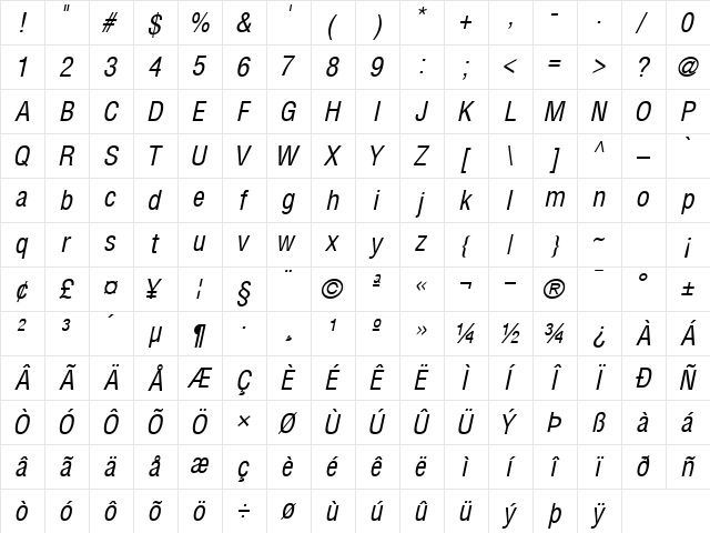 ContextCondSSK Italic Character Map
