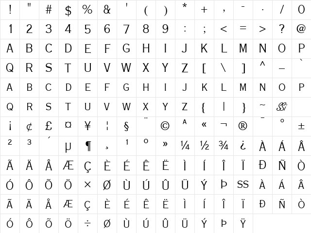 Copperplate Light Condensed SSi Light Condensed Character Map