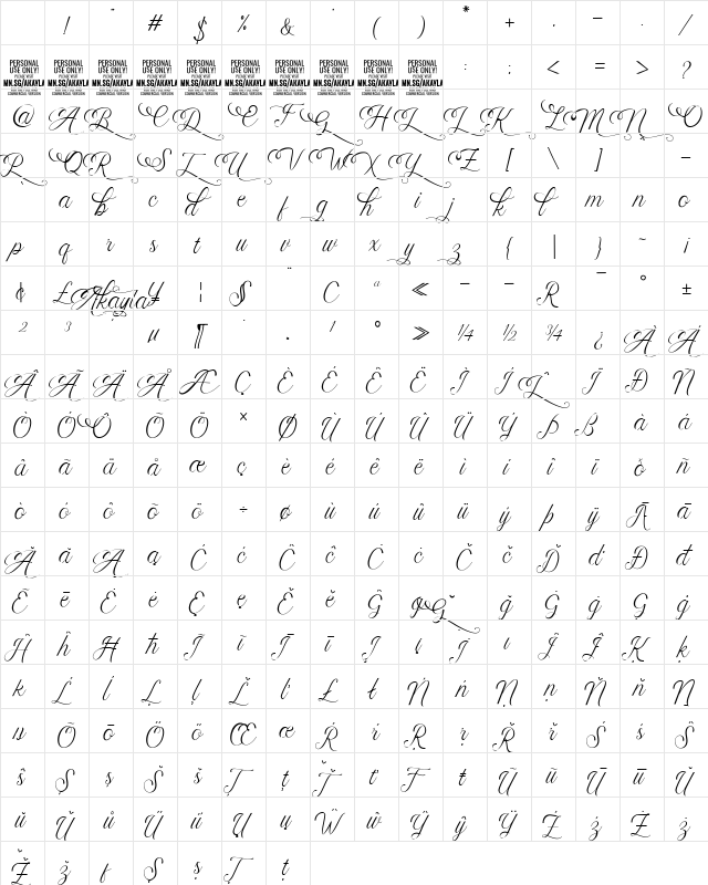 Akayla Script Deco PERSONAL USE Regular Character Map