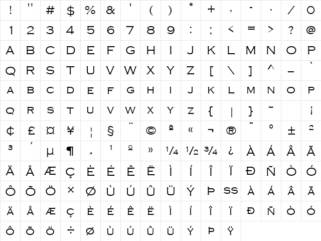 Copperplate Regular Character Map