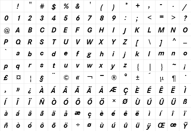 Corporate S BQ ItalicBold Character Map Corporate S BQ ItalicBold Character Map