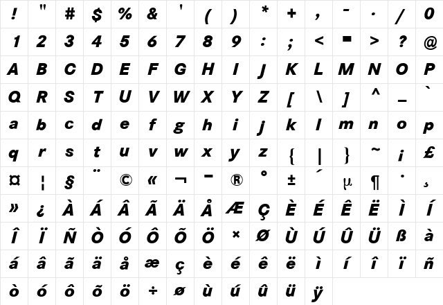 Corporate S BQ ItalicBold Character Map