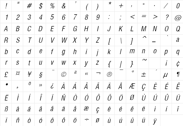 CorporateCondensed LightOblique Character Map CorporateCondensed LightOblique Character Map