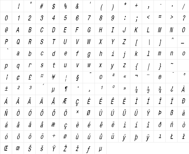 CorporateMonoCondensed Oblique Character Map