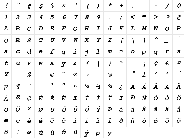 Courier New Bold Italic Character Map