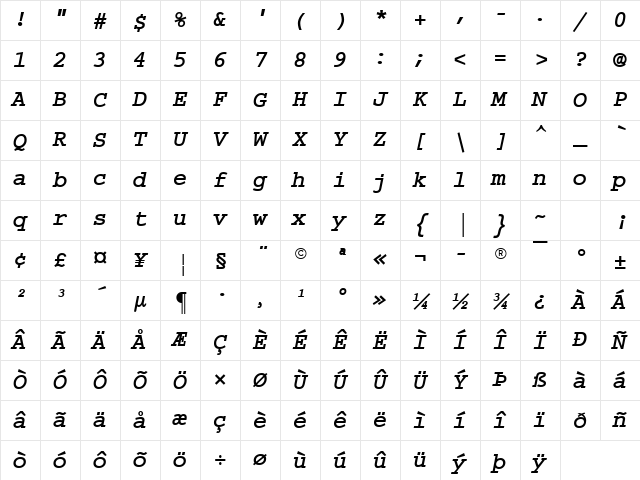 Courier Bold Italic Character Map