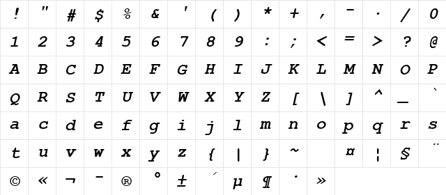 Courier New Cyr Bold Italic Character Map Courier New Cyr Bold Italic Character Map