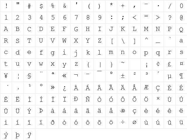Courier Regular Character Map