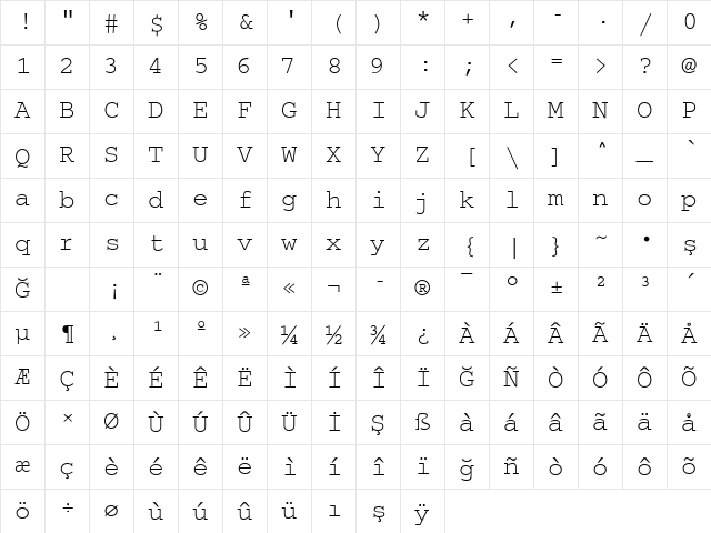 Courier2 Normal Character Map Courier2 Normal Character Map