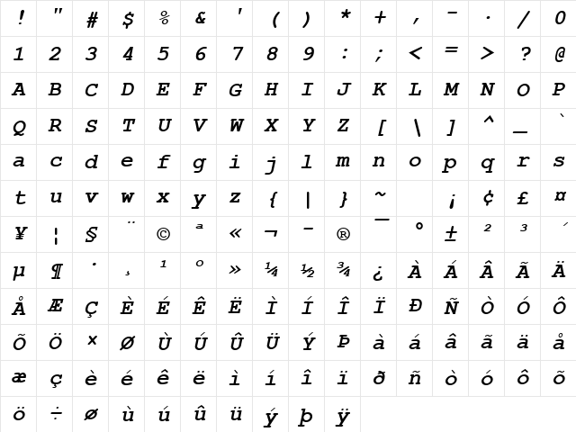 Courier New Bold Italic Character Map