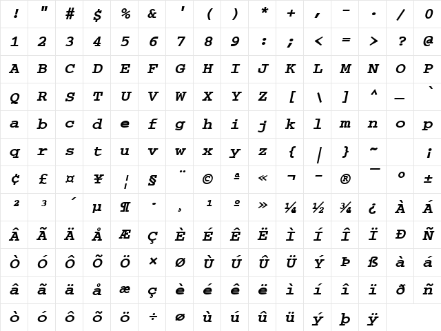 CourierPS Bold Oblique Character Map CourierPS Bold Oblique Character Map