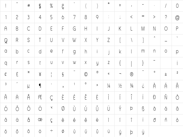Asenine Thin Regular Character Map Asenine Thin Regular Character Map