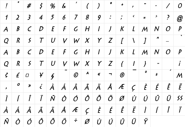 Liste Condensed Bold Italic Character Map