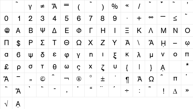 AkzentGreek Regular Character Map